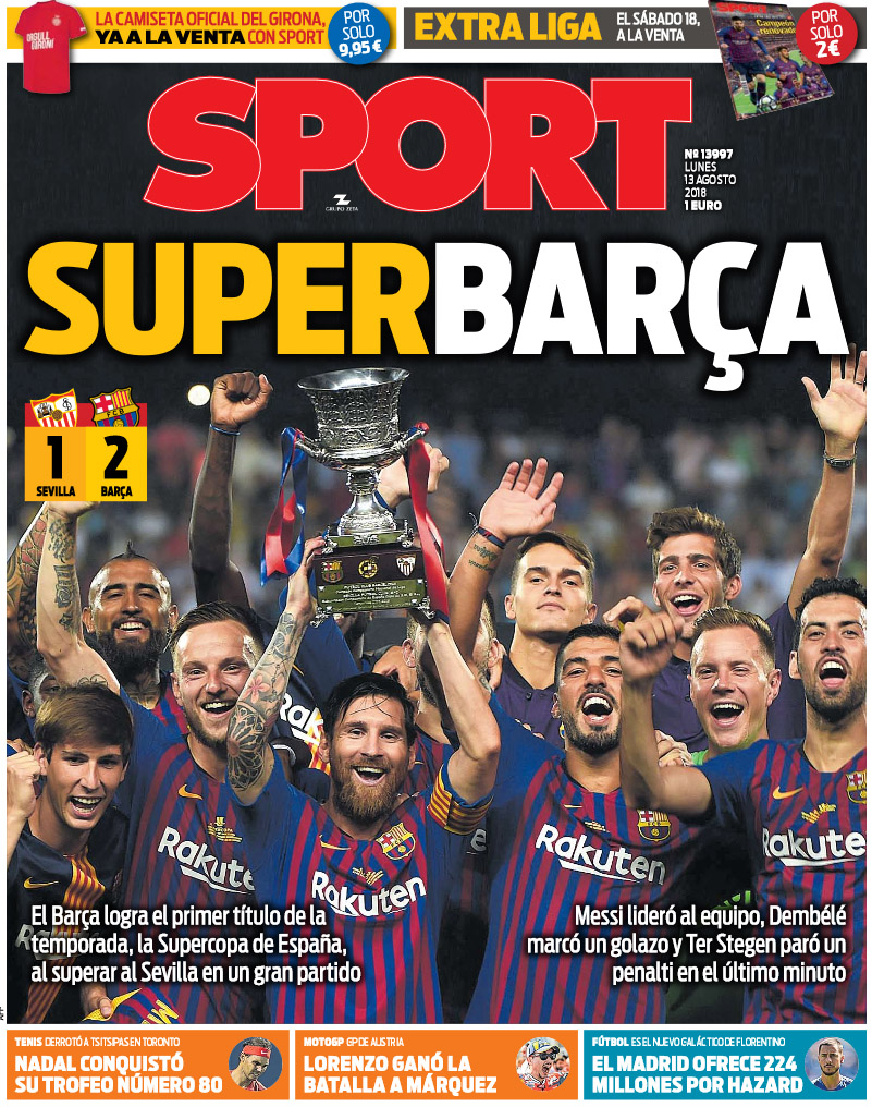 18年8月13日 月 のバルセロナスポーツ紙 スーペルコパ獲得 Blaugrana