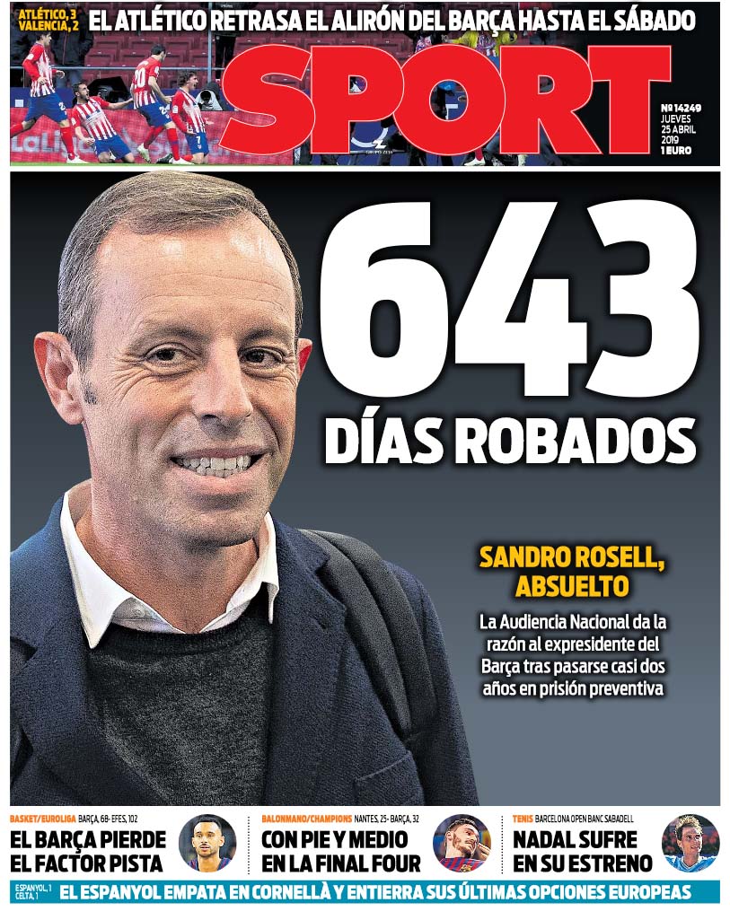 19年4月25日 木 のバルセロナスポーツ紙 サンドロ ロセイに無罪判決 Blaugrana